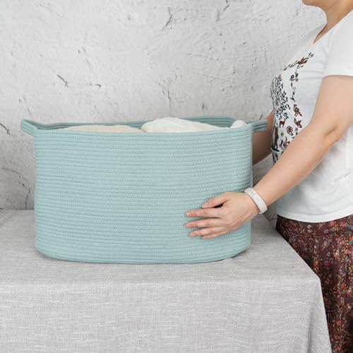 XUANGUO Large Rectangle Blankets Basket Living Room 22"x17"x12" Woven Cotton Rope Storage Baskets for Nursery Toy Baskets for Kids and Dogs Wicker Laundry Basket Bin for Clothes Towels green - color: light green