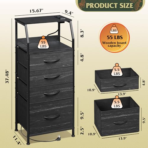WLIVE Nightstand with Charging Station, Black Night Stand with LED Light, Tall 4 Drawer Dresser for Bedroom, 37" H Bedside Table with Fabric Storage Bins, Open Wood Shelf, Metal Frame - color: Charcoal Black Wood Grain Print, size: 4 Drawers