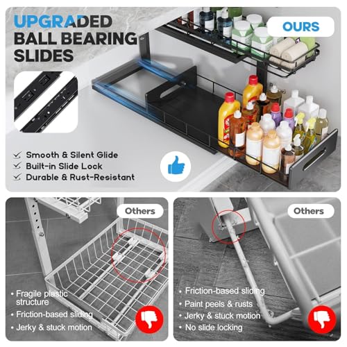 Under Sink Organizer Upgrade To Professional Rails,2-Tier Dual Pull Out Cabinet Storage,Height Adjustable Slide Out Drawers For Bathroom Kitchen,1 Pack-21"Dx12.8"-16.9"H,Black - color: Black, size: 1 Pack-21"Dx12.8"-16.9"H