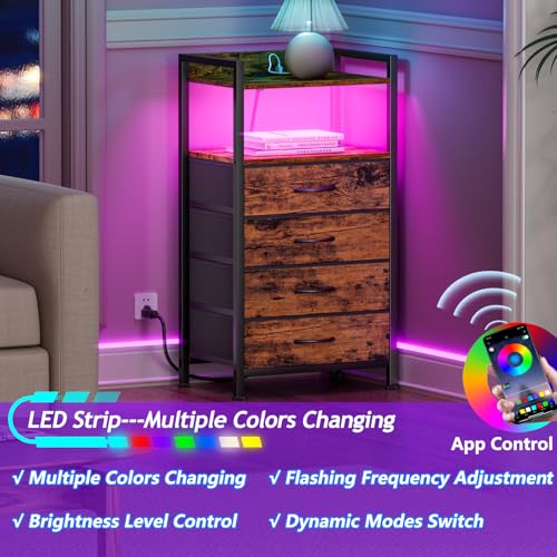 Furnulem Night Stand with Charging Station and Led Light, 4 Drawer Dresser for Bedroom, Small Nightstand Bedside Table, Fabric Bins, Metal Frame, Wood Shelf, Side Furniture(Rustic Brown) - color: Rustic Brown, style: 4 Drawer