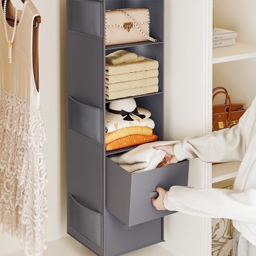 YOUDENOVA Hanging Closet Organizer, 5 Tier Hanging Closet Shelves with 6 Side Pockets and 2 Drawers, Grey - color: Grey
