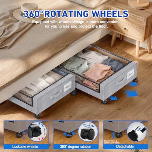 Beborxue Under Bed Storage with Wheels, 4-Pack Underbed Storage Containers with Clear Lids, XXL 60L Under the Bed Storage Organizer Bins, Rolling Under Bed Metal Drawer for Clothes,Shoes,Toys (Gray) - color: 4 Pack-Gray