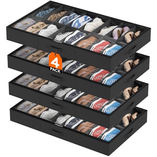 Lifewit Under Bed Shoe Storage Organizer 4 Pack(16 Shoes Cells), 4.3 Inches Profile Fabric Shoes Container Box with Clear Cover, Foldable Storage Bag with 2 Handles, Fits 32 to 64 Pairs - style: 16 Shoes Cells