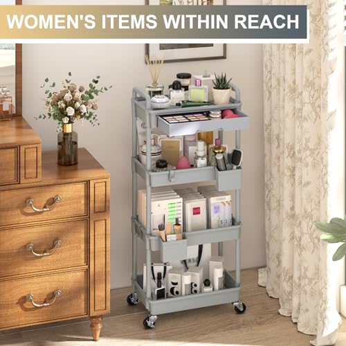Goovilla 4 Tier Rolling Utility Cart Organizer with Removable Drawer, Stable and Sturdy Grey Rolling Storage Carts with 2 Lockable Wheels for Bathroom, Kitchen, Snack, Craft, Makeup, Baby Essentials - size: 4 Tier, style: Gray