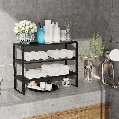 Jojocross Expandable Cabinet Shelf Organizer Storage Spice Rack Shelves for Kitchen Stackable Adjustable Pantry Cupboard Bathroom Countertop Desktop(1Pack/Black/Large) - color: 1 Pack/Black, size: LARGE:10.1"D x 16.6~26.5"W x 6.1"/7.5"H