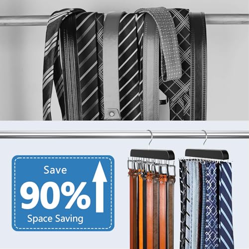 2 Pack Tie Rack & Belt Hanger 2 in 1 Tie Hanger Space Saving Max 42 Belts& 60 Ties Capacity for Closet Organizers and Storage, Sturdy Wood Belt & Tie Collection Organizer - color: Black