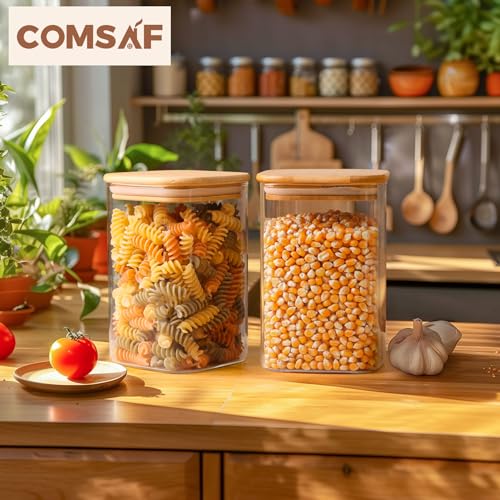 ComSaf 1.2 QT Glass Storage Containers with Lids, Glass Jars with Lids, Clear Food Jar, Square Canister Set of 6, Pantry Organizers and Storage for Cookie Flour Oat Pasta Tea Coffee Bean - size: 1.2Qt*6