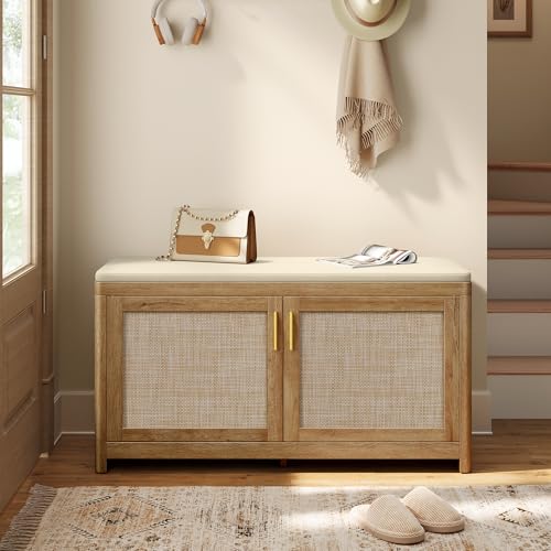 VASAGLE ELLAN Collection - Boho Shoe Bench with Cushion, Entryway Storage Bench with 2 Rattan-Look Cabinet Doors, Rounded Corners, Adjustable Shelf, for Bedroom Under Window, Natural Brown ULSB501KC01 - color: Natural Brown, size: 13.8"D x 39.4"W x 20.9"H