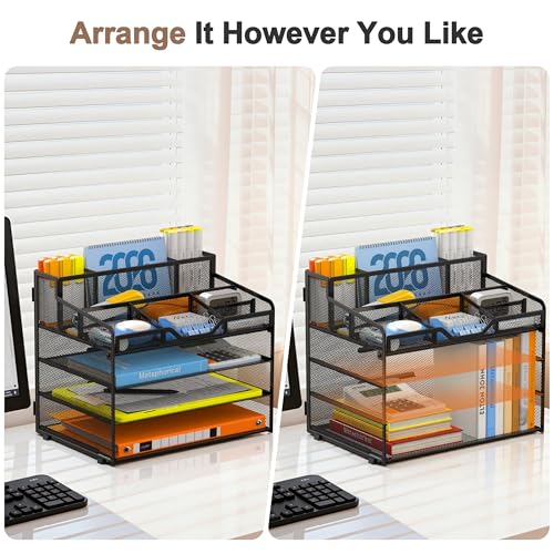 Docnest 4 Tier Mesh Desk Organizer, Multi-Functional Paper Letter Tray with 5 Adjustable Compartments & 3 Pen Holders - Space-Saving Desktop Storage for Office Files, Mail, Stationery - Black - color: Black, size: 4 Tier