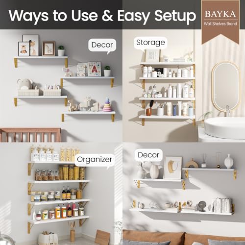 BAYKA Wall Shelves for Bedroom Decor, Floating Wall Shelf for Living Room Kitchen Storage, Mounted Rustic Wood Shelves for Kids Books, Corner Shelf for Bathroom(White and Gold，23in，Set of 4) - color: B. White Board & Gold Brackets, size: 23-inch Standard
