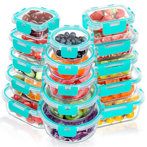 VERONES 30 Pieces Glass Meal Prep Containers Set, Stackable Glass Food Storage Containers with Lids-Airtight Lunch Containers，for Microwave, Oven, Freezer & Dishwasher,Green - color: Green