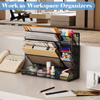 Jakyitvi File Organizer Wall Mounted, 4 Tiers Durable Adjustable Metal Desk Organizer, Desktop Hanging File Holder with 4 Pen Slots Stable, 4 Pull-Out Divider for File, Mail, Black, Patent Pending - size: 5 Tier & Metal
