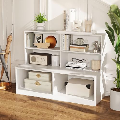 Giantex Storage Bench with Shelf, 3-Tier Entryway Storage Cabinet w/Seat, 2-in-1 Shoe Bench w/Bookshelf, Anti-tip Kits, Modern Style 6-Cube Organizer for Living Room, Study, Hallway, White