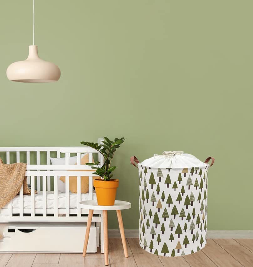 Nursery Laundry Basket Canvas Fabric Baby Boy Storage Bins,Collapsible Woodland Hamper,Waterproof Storage Baskets with Leather Handle,Forest Nursery Decor,Toy Organizer (Tree)