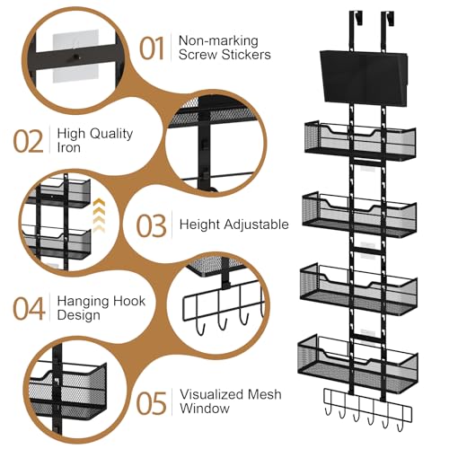 Hongtamoya Adjustable Over The Door Organizer, Closet Door Organizer Heavy Duty Hanging Door Storage with 4 Metal Baskets and PVC Pocket, Behind Organizer for Bathroom Closet Bedroom Cabinet, Black - color: Black