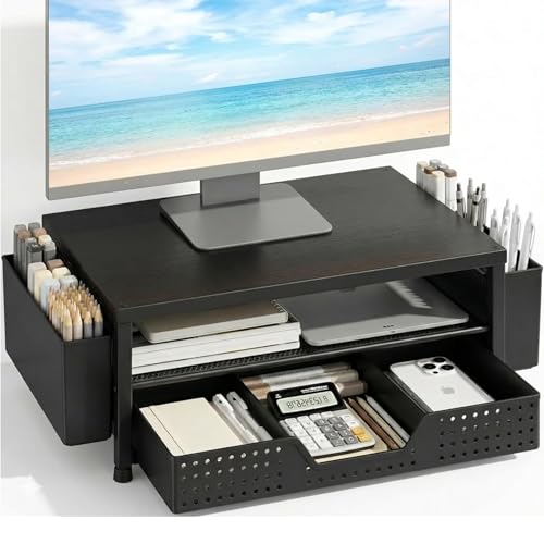 ECOLOVI Desk Organizer and Accessories, 2-Tier Computer Monitor Stand Rise with Storage Drawer & 2 Pen Holders, Laptop & Printer Stand for Desktop, Workspace Organizers for Office Supplies (Black Wood) - color: Black Wood