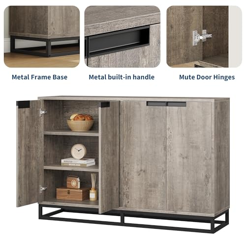 IDEALHOUSE 55 Inch Sideboard Buffet Cabinet with Storage, Accent Cabinet with 4 Doors & Adjustable Shelves, Multifunctional Storage Cabinet for Kitchen, Dining Room, Entryway & Living Room - color: Grey