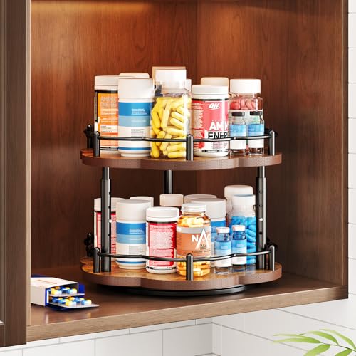 Spice Rack Lazy Susan Organizer for Cabinet, Rotating Spice Organization 2 Tier Adjustable Lazy Susan Turntable Spice Cabinet Organizer for Kitchen Countertop & Pantry, Wood 10 Inch Seasoning Storage