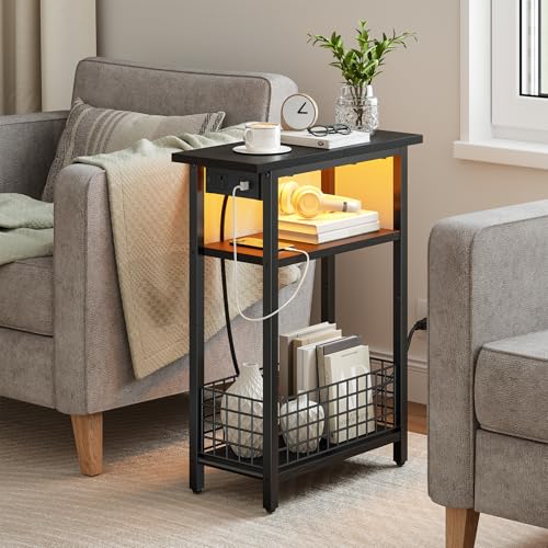 HOOBRO Narrow Side Table with Charging Station and LED Light, Small End Table with Storage, Skinny Nightstand with USB Port, Slim Bedside Table for Small Spaces, Living Room, Black BB242UDBZ01 - color: Black