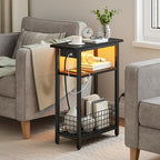 HOOBRO Narrow Side Table with Charging Station and LED Light, Small End Table with Storage, Skinny Nightstand with USB Port, Slim Bedside Table for Small Spaces, Living Room, Black BB242UDBZ01 - color: Black