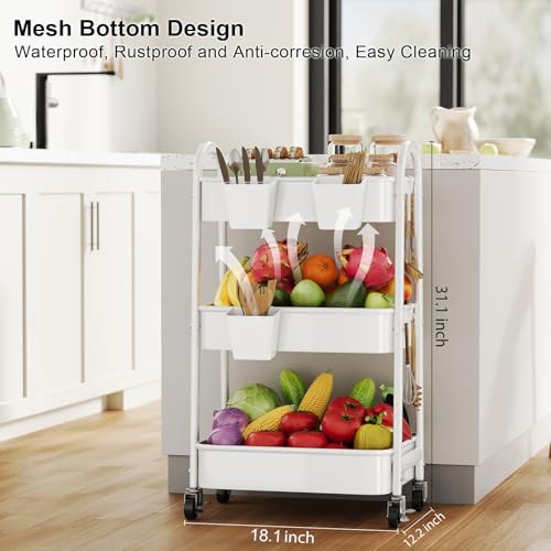 3 Tier Rolling Cart Metal with Wheels, Heavy Duty White Three Tiered Craft Cart Organizer on Wheels, Utility Roller Storage Carts for Art, Baby Nursery, Diaper Caddy, Snack,Book,Nail,Cleaning Supplies - color: Pure White, size: 3 Tier+Cups+Hooks