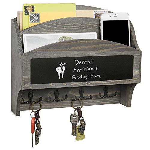 MyGift 2-Compartment Vintage Gray Wood Wall Mounted Entryway Mail Organizer Letter Sorter with Chalkboard Label Surface and 4 Double Key Hooks