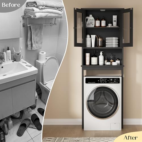 Walsunny Over Toilet Storage Cabinet, BathroomShelf Organizer Over Toilet, Washing Machine Box, Space Saver with Adjustable Decorative Racks（Black） - color: Black, style: 1 Open Shelf