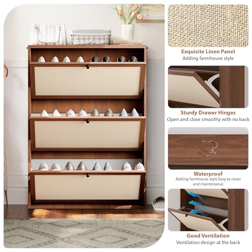 AVZEAR Narrow Shoe Storage Cabinet for Entryway with Natural Linen Panel, Freestanding Slim Shoe Cabinet with 3 Flip Drawers, Wood Shoe Organizer Closed Shoe Rack for Hallway, Living Room(Walnut) - color: Walnut, size: 3 Drawers Single Layer