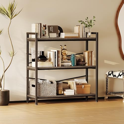 Book Shelf, 3 Tier Bookshelf 31.49" Width, Book Shelf Storage and Organization, Wooden and Metal Industrial Bookcase, Large Book Shelves for Home Living Room Bedroom Office Storage(Grey) - color: Grey, size: 3 Tier - 31.5" W