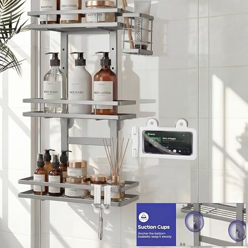 Over the Door Shower Caddy Hanging, Rustproof Shower Shelves with Waterproof Phone Pouch, Adjustable Bathroom Organizers and Storage, No Drilling Shampoo Soap Shelf (Silver 3-Tier) - size: Silver 3-Tier