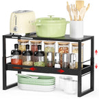 Adjustable Kitchen Countertop Organizer, 2-Tier Expandable Cabinet Counter Shelves, Heavy Duty Steel Pantry Organizers and Storage Shelf Rack Stand Riser, Adjustable Length & Height, Black
