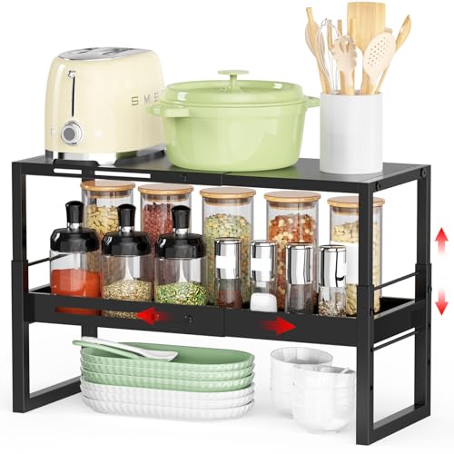 Adjustable Kitchen Countertop Organizer, 2-Tier Expandable Cabinet Counter Shelves, Heavy Duty Steel Pantry Organizers and Storage Shelf Rack Stand Riser, Adjustable Length & Height, Black