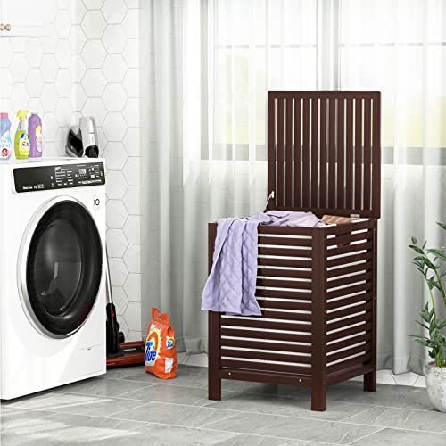 Homykic Bamboo Laundry Hamper with Lid, 120L Large Clothes Laundry Sorter with Removable 2-Section Liner Bag, Raised Laundry Basket Organizer for Clothing, Bathroom, Bedroom, Laundry Room, Espresso - color: Espresso