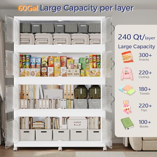 1200QT Extra Large Stackable Storage Bins with Lid, 300Gal Plastic Closet Organizers and Storage Drawer, Collapsible Cabinet Box with Wheels Clear Doors for Home Kitchen Office, 5Pack White - size: 240QT, style: 5Pack