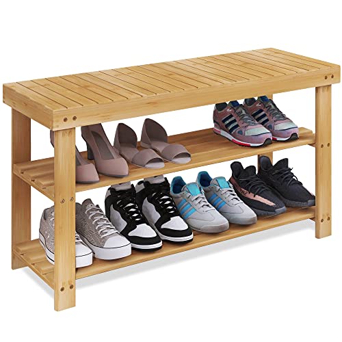 SMIBUY Bamboo Shoe Rack Bench, 3-Tier Shoe Organizer Storage Shelf for Entryway Hallway Bathroom Living Room (Natural) - color: Natural, size: 33.86 x 11.23 x 17.9 inches