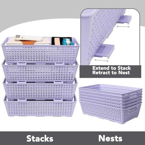 Tiawudi Stackable Woven Plastic Basket, Storage Bins for Cabinet, Closet, Shelf, Under Sink and Countertop, Pantry Organizer Bins, 6 Pack - color: Violet