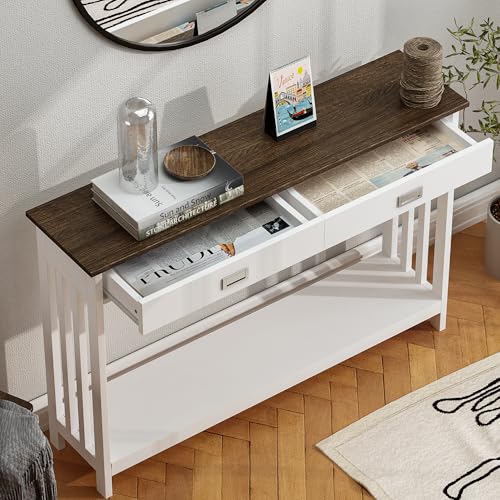 ChooChoo 47" Farmhouse Entryway Table with Drawer, Narrow Console Table with Storage Shelf, Sofa Table for Living Room, Entryway, and Hallway, White and Brown - color: White&brown, size: 11.8"D x 47.2"W x 31.5"H