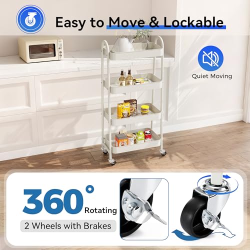 NEWBULIG 4-Shelf Rolling Utility Cart with Locking Wheels, Slim Metal Mobile Storage Organizer Shelf for Small Spaces, Bathroom, Living Room, White - color: White, size: 4-Tiers