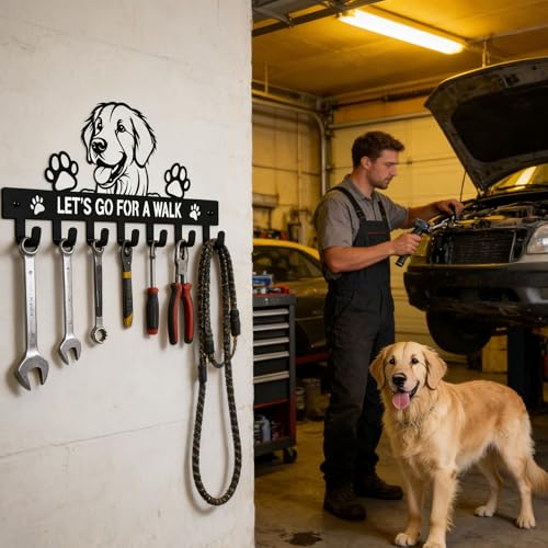 Golden Retriever Key Holder, Dog Leash Holder for Wall with 7 Hooks, Black Decorative Small Key Hanger for Entryway&Front Door, Golden Retriever Decor Accessories Gift, Dog Storage Organizer - color: Golden Retriever