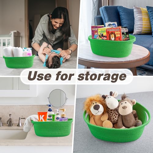 Pro Goleem Small Woven Basket with Gift Bags and Ribbons Durable Baskets for Gifts Empty Small Rope Basket for Storage 12"X 8" X 5" Baby Toy Basket with Handles, Grass Green - color: grass green