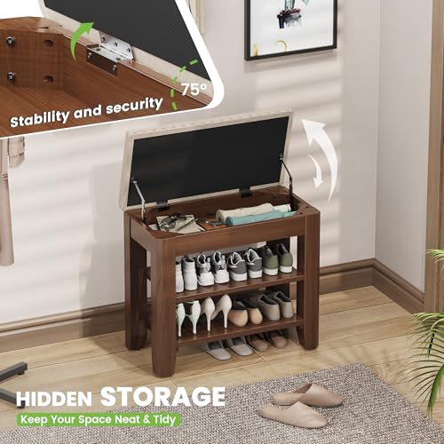 Shoe Bench for Entryway, Solid Rubberwood Shoe Bench with Hidden Storage, Adjustable 2-Tier Shelves & Soft PU Leather Seat, Shoe Rack Durable Easy Assembly for Hallway or Bedroom - Beige, 23.6" - color: Beige, size: 23.64"W x 11.82"D x 20.47"H
