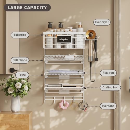 Magheo Hair Dryer Holder Wall Mounted, Adheisve Hair Styling Tool Organizer for hair Brush/Appliance Wall Mount with 5 Tier Shelf Basket Hooks Blow Dryer and Straightener Holder for Bathroom(White) - color: White, size: Wall Mount - 1 Pack (5 Tier)