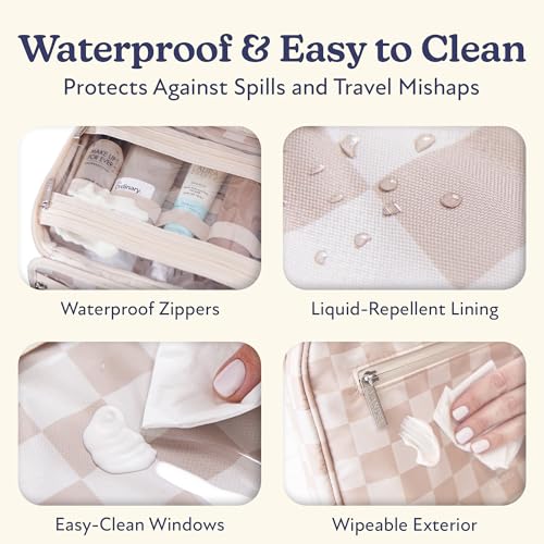 VANDEL Waterproof Hanging Toiletry Bag [TSA-Approved] Hanging Makeup Organizer Bag, Cosmetic Travel Bags for Women, Makeup Case Toiletries Organizer Hygiene Bathroom Shower Caddy - Neutral Checker - color: Neutral Checker