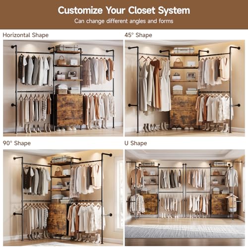 ONBRILL T2 Wall Mounted Industrial Pipe Clothing Rack, Closet Organizers and Storage System with 2 Drawers, 6 Wooden Shelves & 4 Expandable Rods, Heavy Duty Garment Rack, Wardrobe (Rustic Brown) - color: Rustic Brown