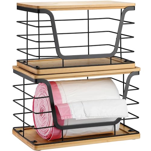 ALOCEO 2 Pack Large Garbage Bag Dispenser for 13/30/33 Gallon Bags, Potato and Onion Storage Baskets with Bamboo Lid, Stainless Steel Stackable Storage Bins for Kitchen Laundry Pantry Room - color: 2-pack - Xl&l Bamboo Bottom Black