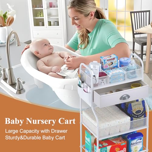 Baby Diaper Caddy Cart Organizer -3 Tier, Bedside Nursery Essentials Organizer & Storage Holder for Newborn Baby Stuff, 2+1 Dividers, 1 Drawer,Rolling Utility Cart for Bedroom,Changing Table, Crib. - color: White, size: 17"W*11.42"D*32.68"H