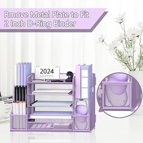 SUPEASY Mesh Desk Organizer with File Holder, 5-Tier Paper Letter Tray Organizer with Magazine Holder, Desktop Organizer and Storage with Drawer for Office Supplies Home or School (Purple) - color: Purple