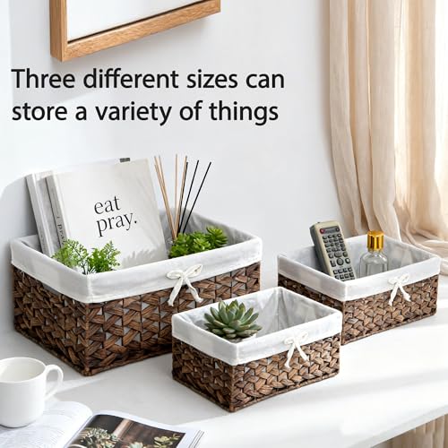 Water Hyacinth Storage Baskets Set of 3 with Metal Frame & Removable Liner, Large Medium Small Rectangular Woven Organizer Bins for Closet, Bedroom, Bathroom, Kitchen, Home Organization - size: Set of 3