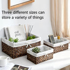 Water Hyacinth Storage Baskets Set of 3 with Metal Frame & Removable Liner, Large Medium Small Rectangular Woven Organizer Bins for Closet, Bedroom, Bathroom, Kitchen, Home Organization - size: Set of 3