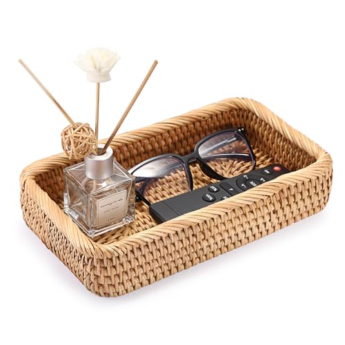 BTSKY Small Remote Basket for Coffee Table Entryway Living Room Rattan Serving Tray 10.1” x 6.1” Handwoven Wicker Baskets Decorative Tray for Wallet Remote Control Trinkets Rings Cosmetics Crackers - color: Natural, size: 10.1 x 6.1 x 1.8 inches
